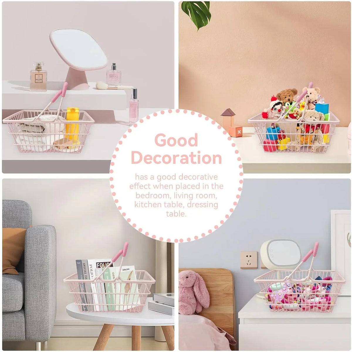 panier rangement rose clair réutilisable fer moderne minimaliste poignées détachables cosmétiques bijoux stockage fille