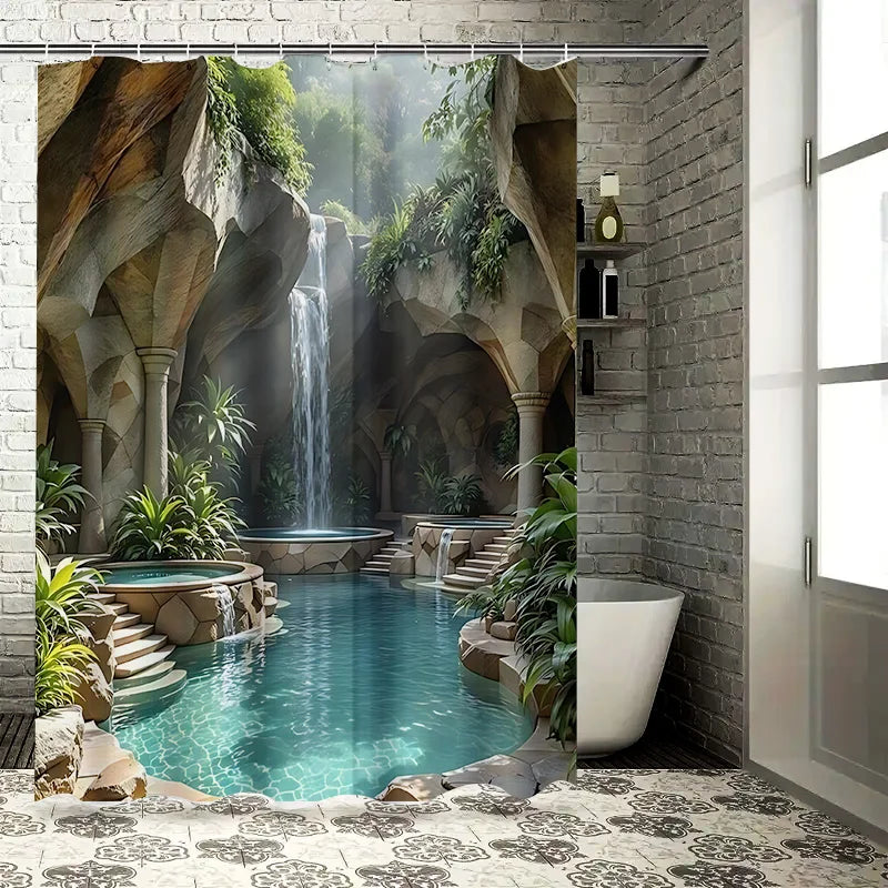 rideau douche moderne cascade paysagère bleu clair vert rochers opacité crochets