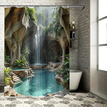 rideau douche moderne cascade paysagère bleu clair vert rochers opacité crochets