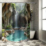 rideau douche moderne cascade paysagère bleu clair vert rochers opacité crochets