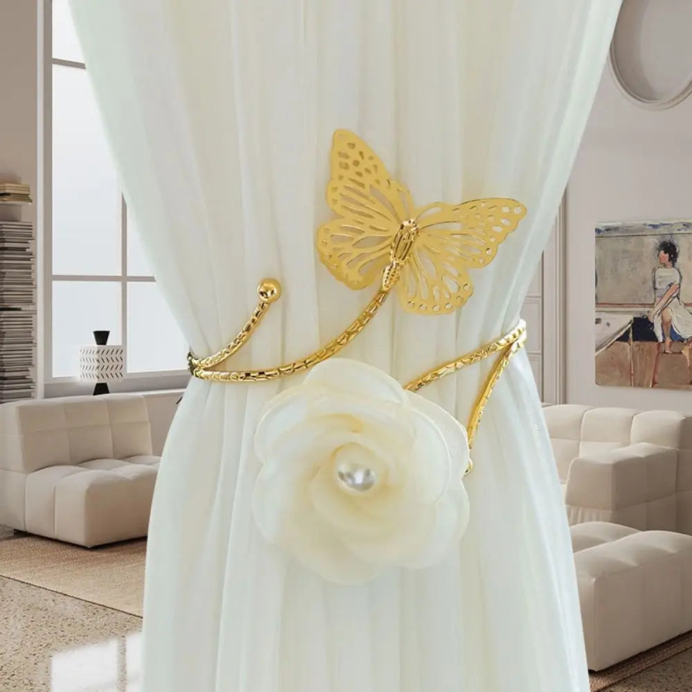 accessoires fenetre sangles rideau papillon fleur blanche dorée élégante transparente