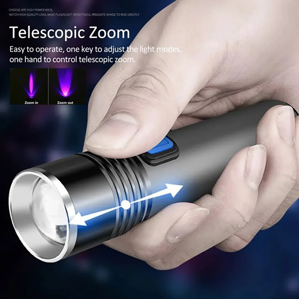 lampe torche uv rechargeable led gris noir 5w zoomable certifications ccc fcc rohs ul
