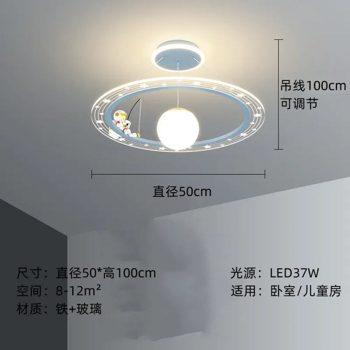 suspension lumineuse moderne astronaute étoiles blanche dorée bleue anneaux concentriques