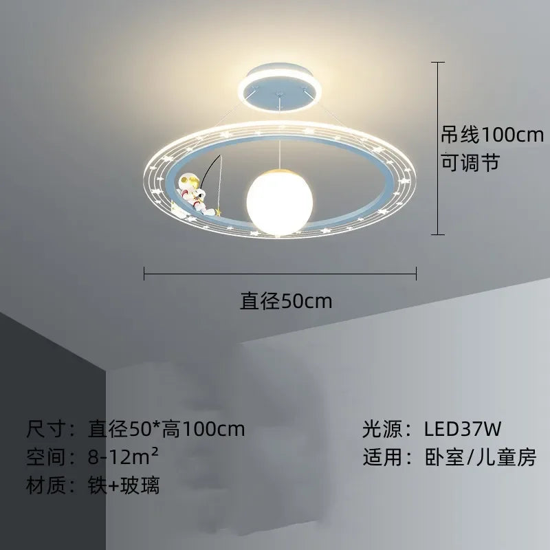 suspension lumineuse moderne astronaute étoiles blanche dorée bleue anneaux concentriques