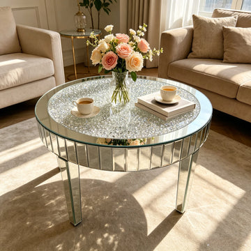 table basse ronde moderne transparente motifs cristal argentée chic salon chambre