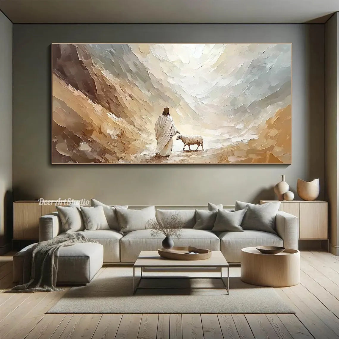 tableau moderne paysage abstrait nuages montagnes beige marron gris blanc sans cadre toile impression