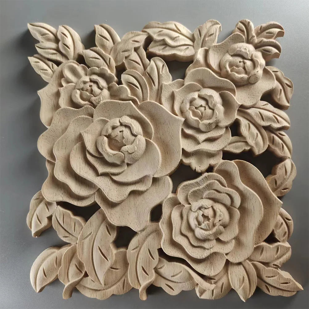 plaque décorative bois fleurs sculptées relief artisanal opaque beige clair 20x20cm