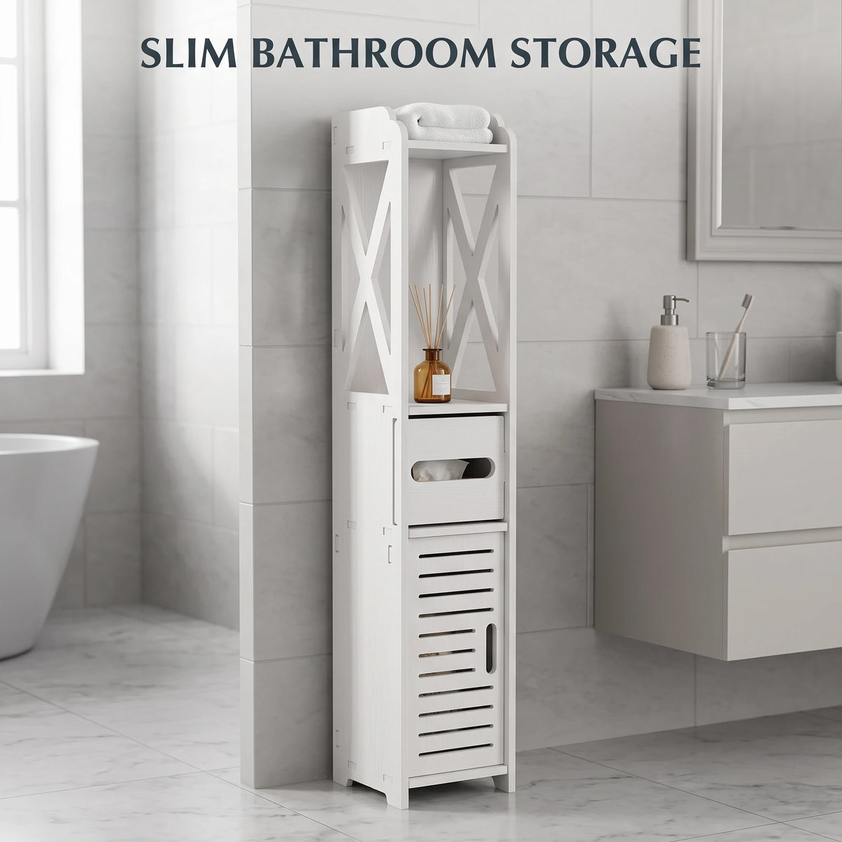 meuble rangement salle bain blanc moderne étagères tiroir papier toilette 80x15.5x15CM