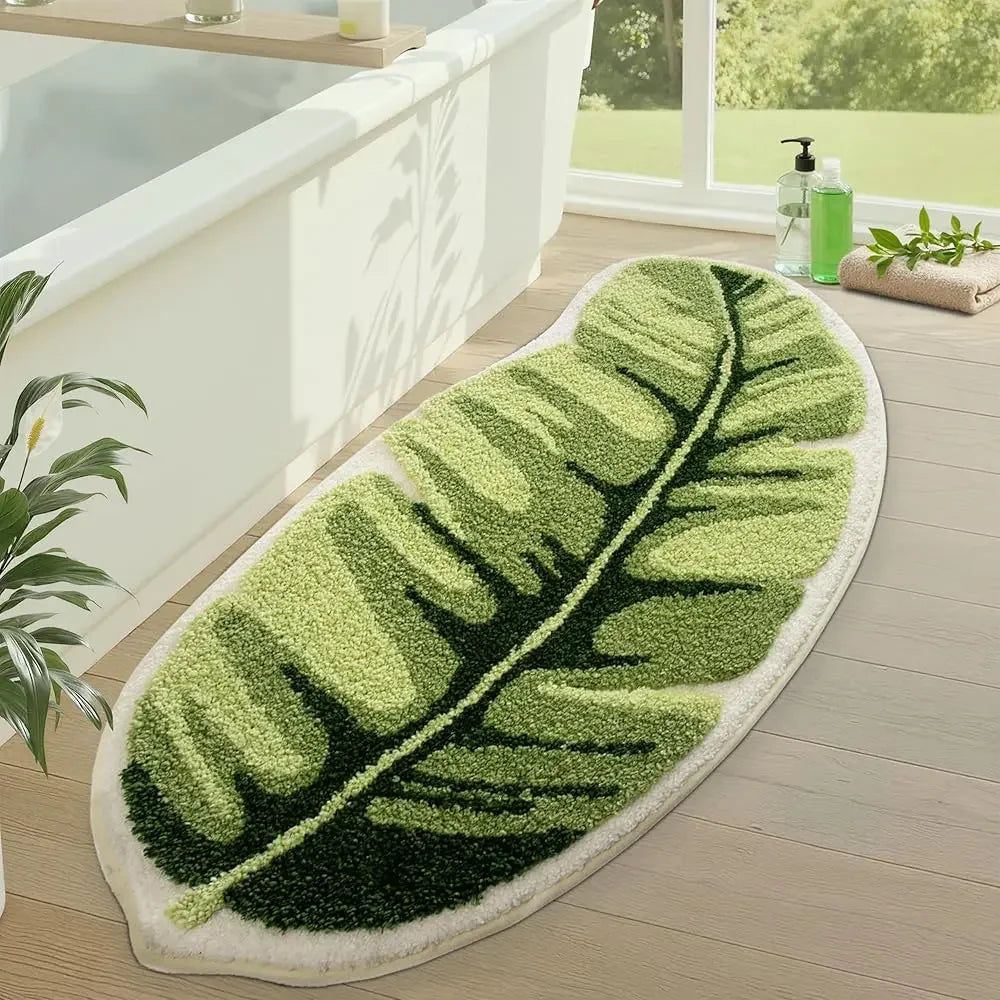 tapis bain vert feuilles moderne coton absorbant antidérapant doux 60cm machine lavable