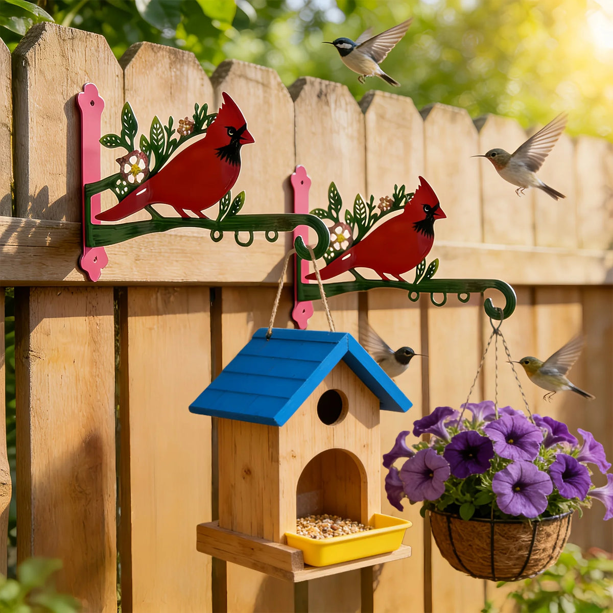 support mural rustique oiseaux cardinaux panier fleurs abri nourriture vis decorationextérieur