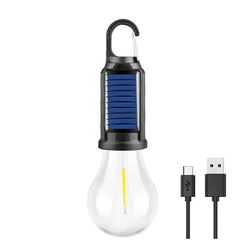 lampe camping rechargeable led solaire portable crochet noir bleu transparent