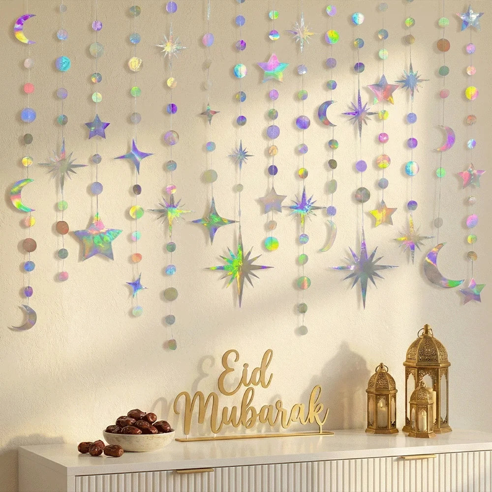 guirlande décorative festif étoiles lunes cercles iridescent mariage anniversaire eid mubarak holographique brillant
