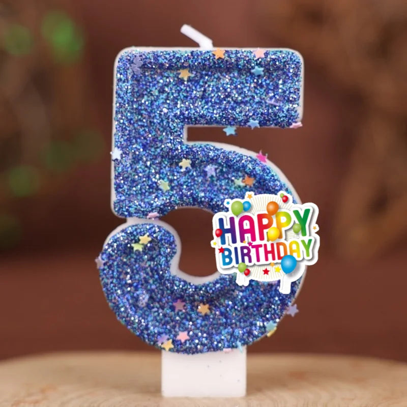 décoration anniversaire bougie chiffre bleu pailleté flamme colorée thème enfant festive happy birthday