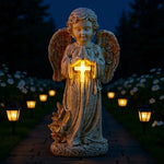 statue ange jardin solaire vieilli plumes croix lumineuse ornement extérieur classique beige doré