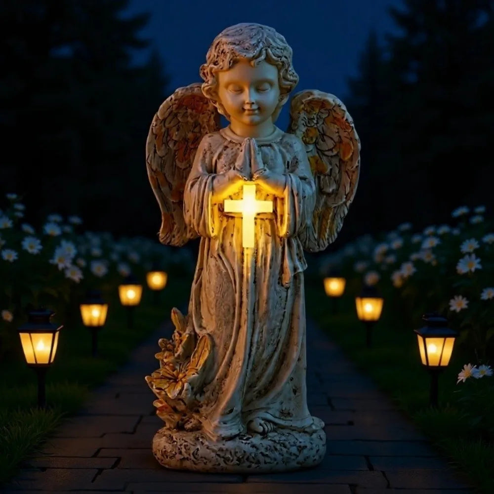statue ange jardin solaire vieilli plumes croix lumineuse ornement extérieur classique beige doré