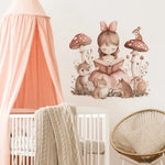 sticker mural illustration fille lisant rose beige marron cartoon adhésif chambre salon