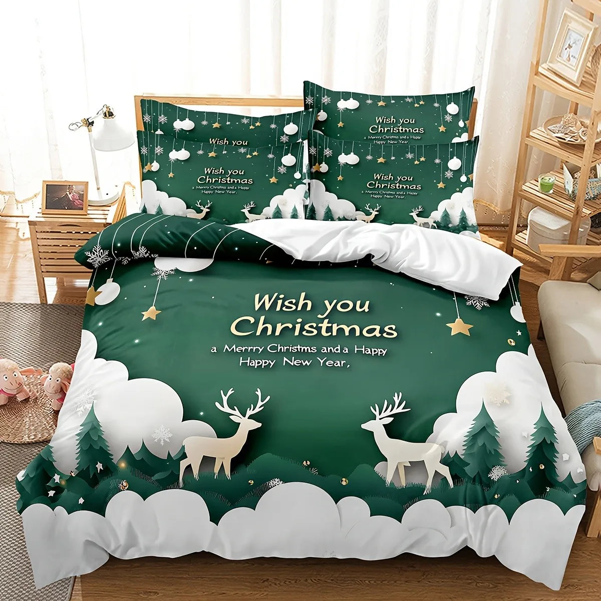 ensemble literie noël rennes flocons doré vert blanc impression 3d polyester brossé doux ornement
