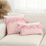 coussin décoratif carré velours pompon plumes patchwork moderne intérieur salon chambre taille 45x45cm