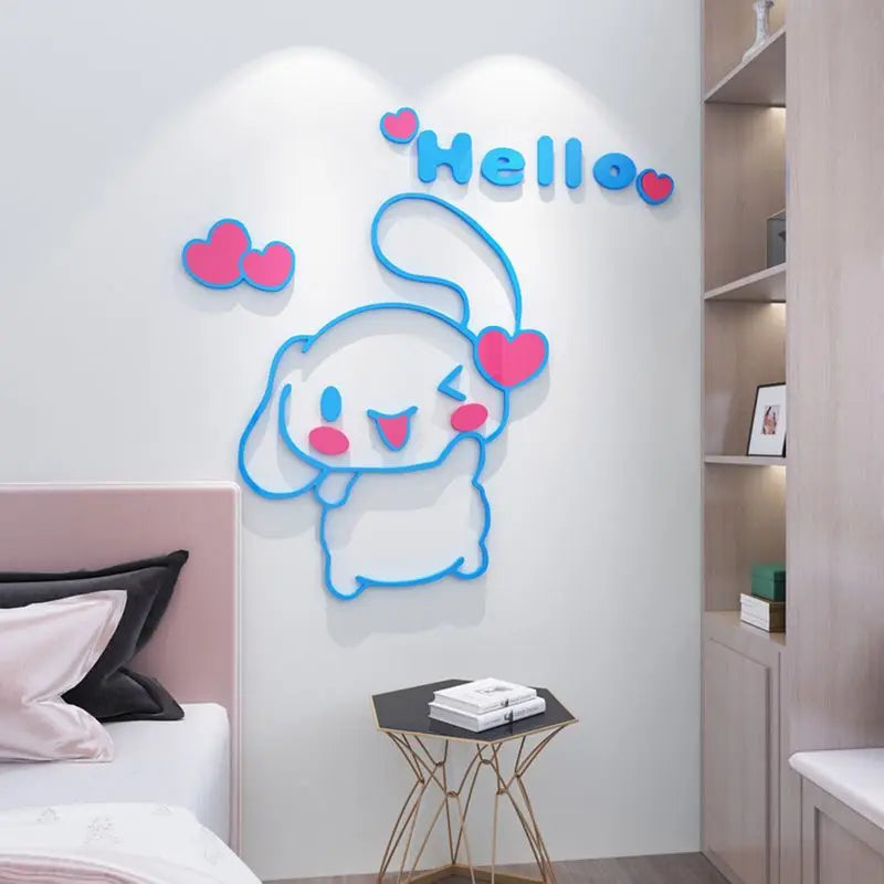 autocollant mural 3d sticker cartoon animal mignon coeurs roses bleu blanc chambre enfant decoration