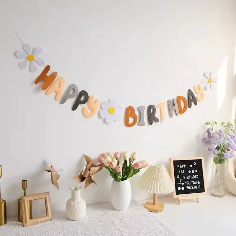 guirlande lettres happy birthday fleurs multicolores décorative festive fil suspension