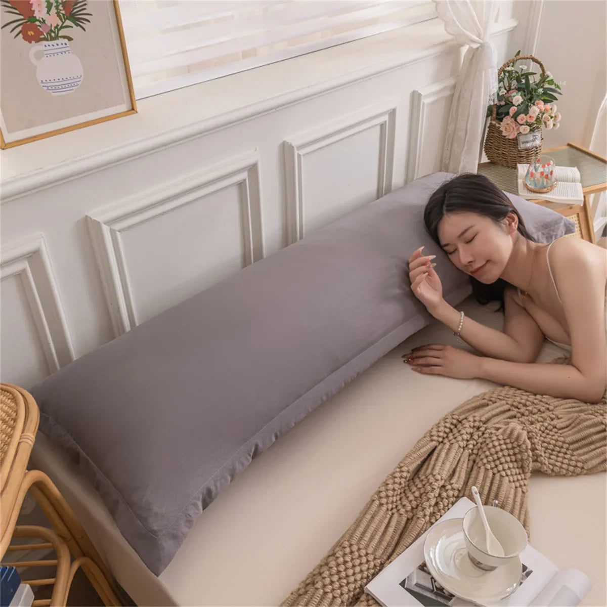 taie d'oreiller longue coussin corps gris minimaliste fibre bambou lit adulte