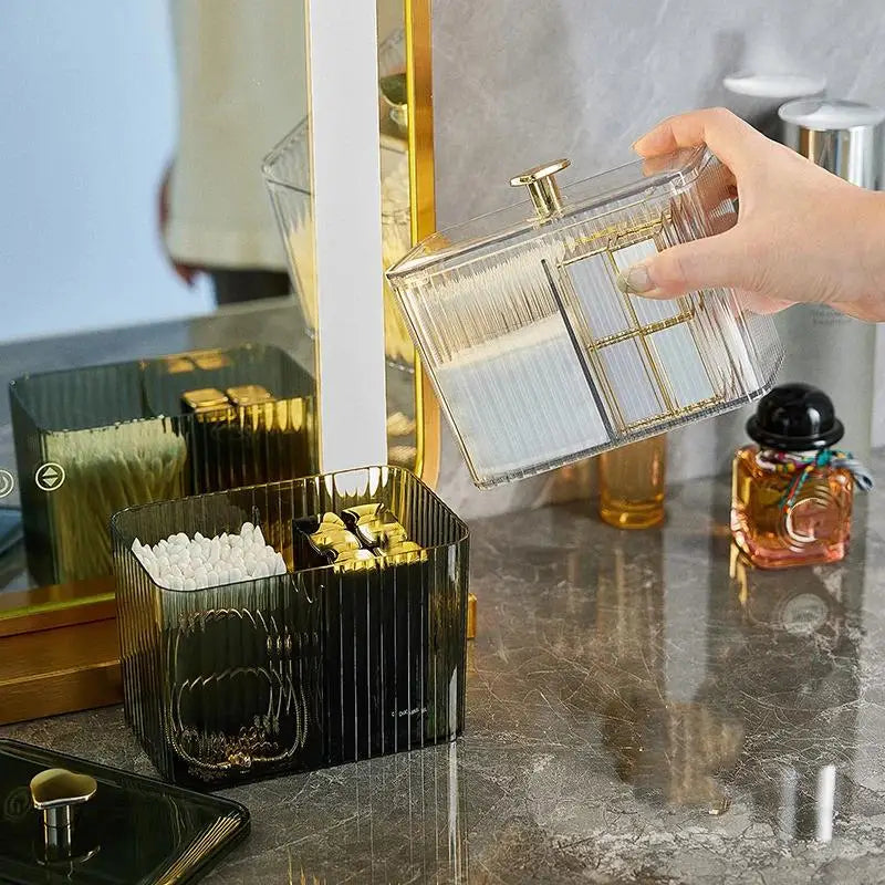 boîte rangement coton tige transparente dorée moderne élégante rayures vertes brillantes poignée dorée cosmétiques