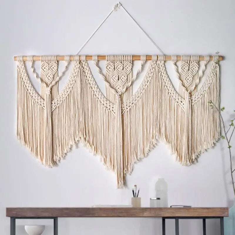 tapisserie macramé boho chic beige clair motifs géométriques franges crochet bois chambre salon