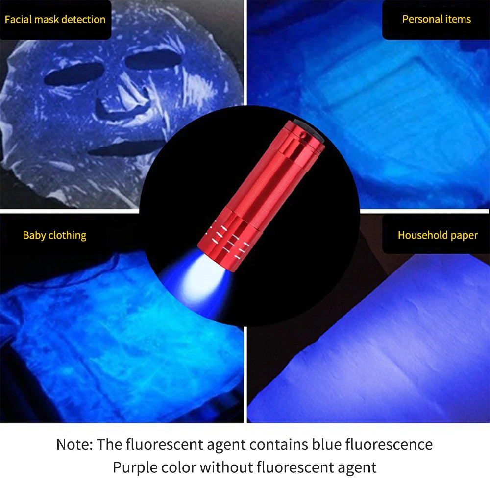 lampe torche uv led bleu noir rouge batterie aaa moderne compact aluminium lisse brillant
