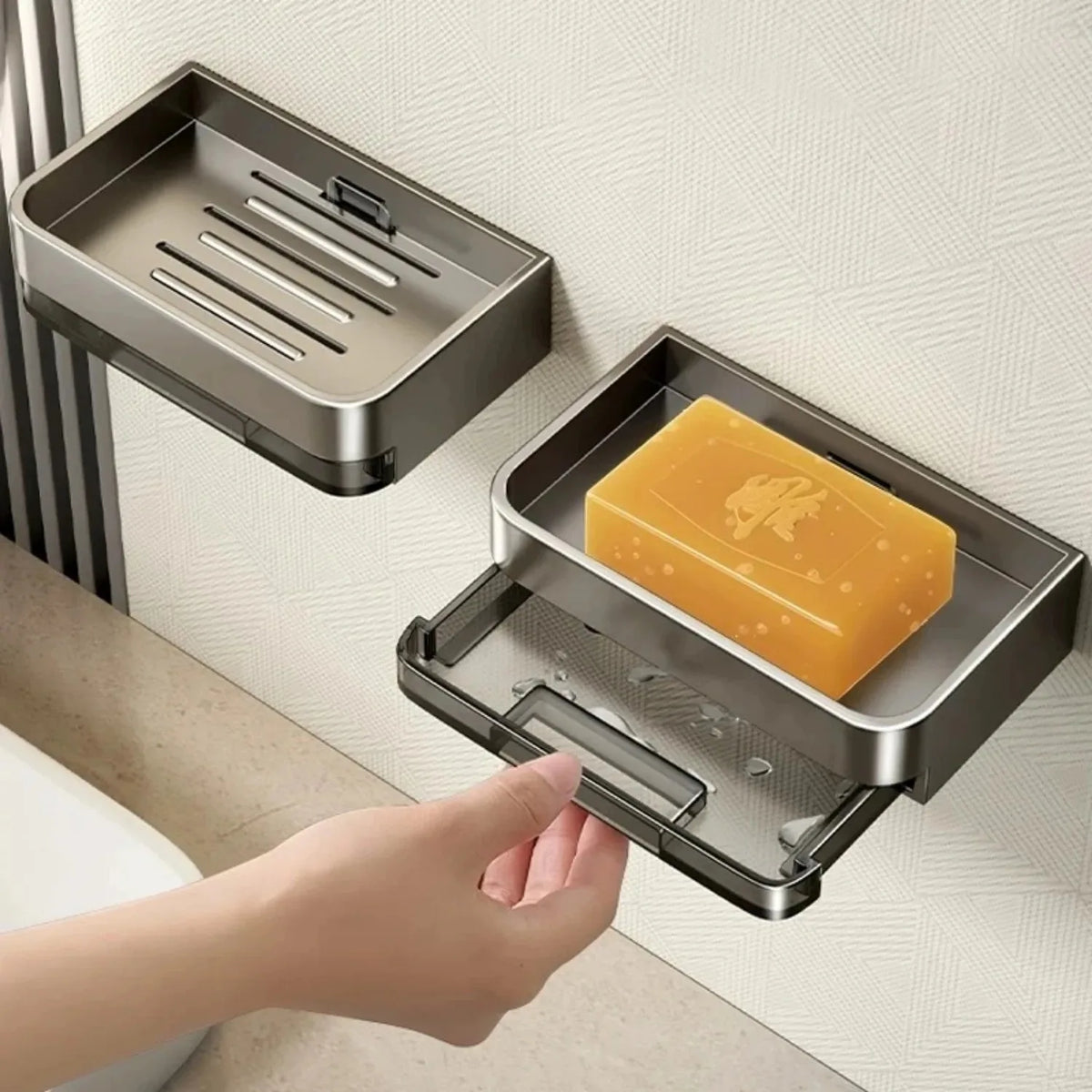 organisateur savon mural adhésif gris argenté moderne salle bain égouttoir strié lisse