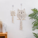 décoration murale chouette macramé blanc motifs géométriques tissage artisanal moderne crochet tassel