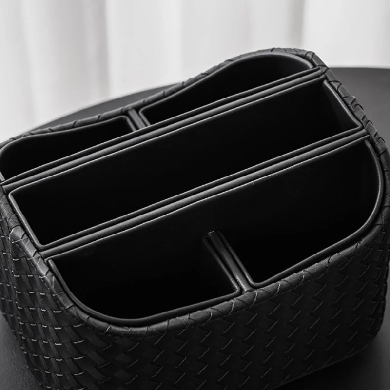 boîte rangement rotative cuir tressé marron gris moderne cosmétiques lunettes écouteurs pochette brosse maquillage