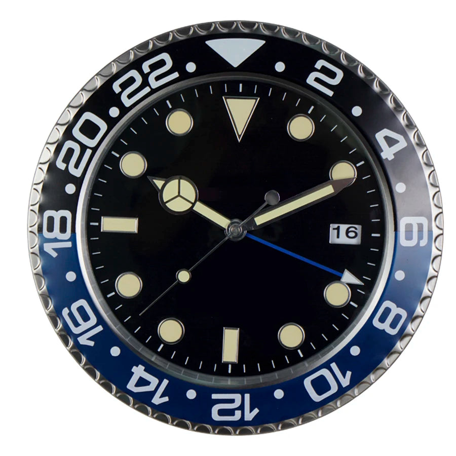 horloge murale plongée bleu vert rouge cadran lumineux aiguille quartz métal fixations