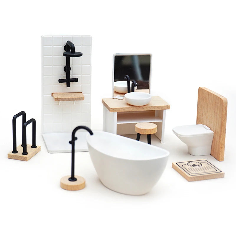 ensemble meubles salle bain miniature blanc bois moderne vasque miroir toilette carreaux minimaliste