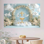 décoration murale mariage calice doré colombes blanches fleurs roses nuages croix festive
