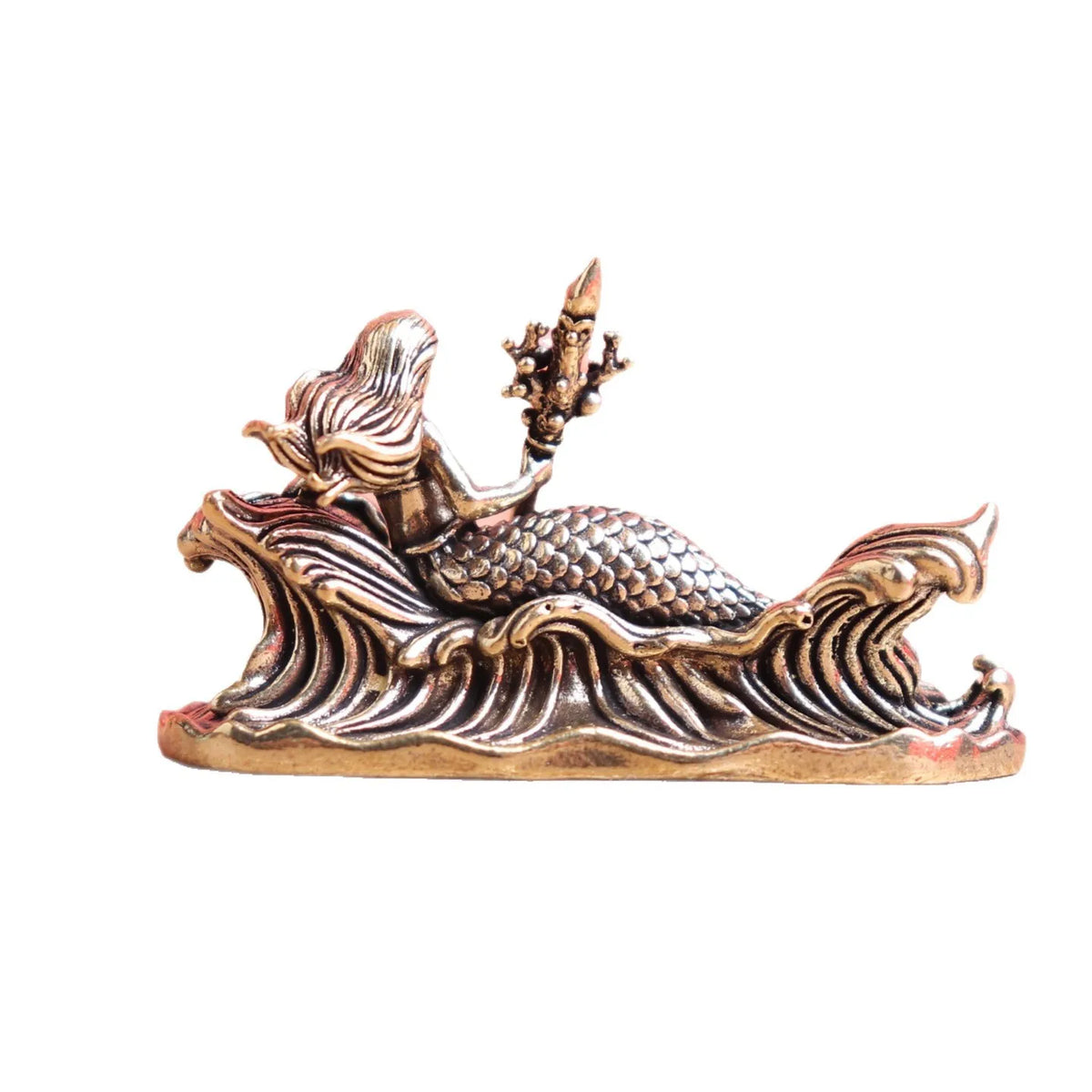 statue decorative sirene bronze trident vagues maison art mythologique artisanal