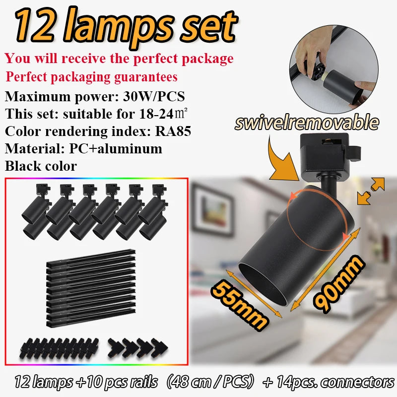spots noir modernes gu10 12pcs fixés 55x90mm variable intensity