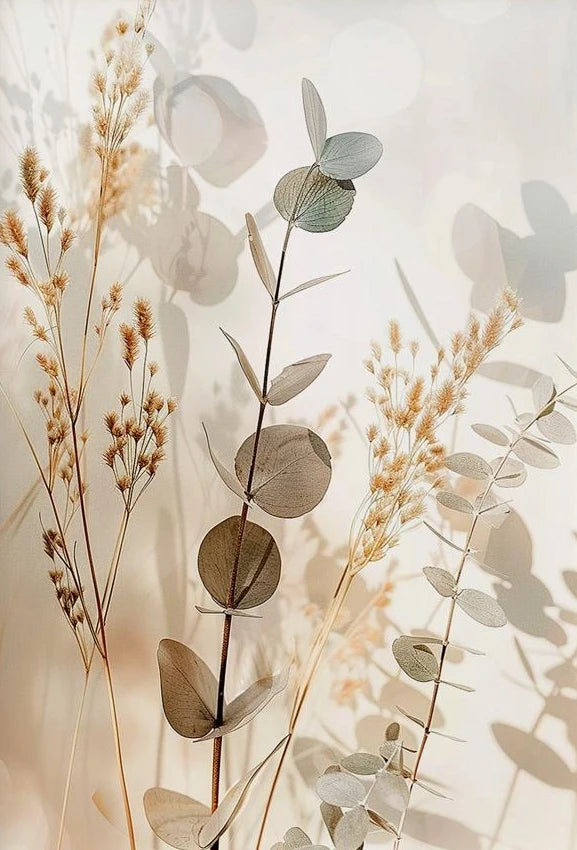 tableaux abstraits minimaliste fleurs séchées naturels beige gris vert cadres floraux decoration chambre triptyque