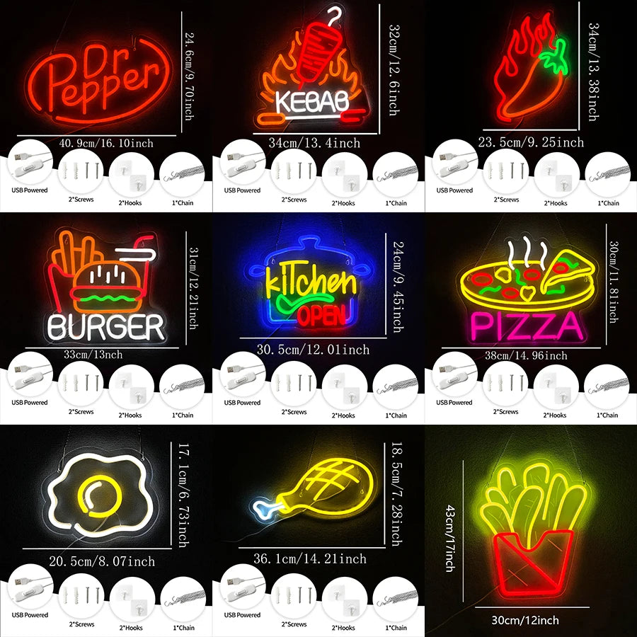 enseigne néon burger kebab pizza dr pepper hot moderne rétro cuisine affaires