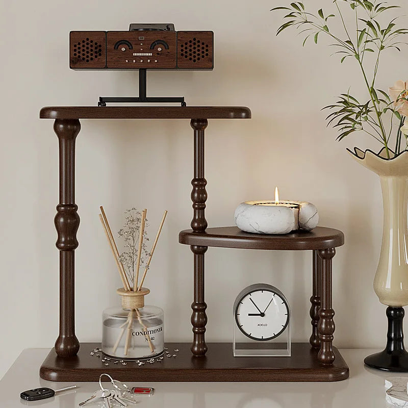 étagère multifonctionnelle bois marron ancien chinois horloge bougie diffuseur huiles essentielles objet boîte boutons