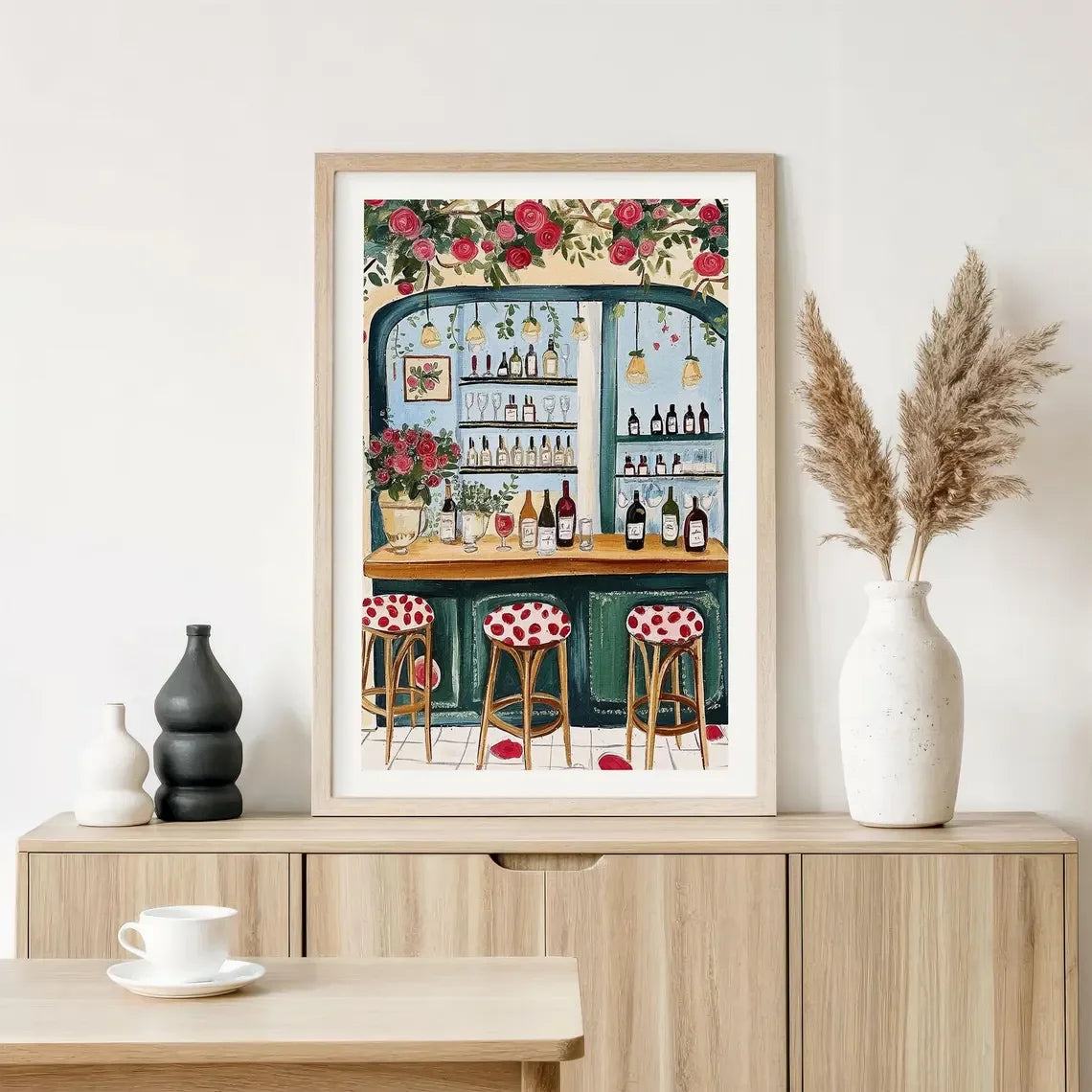 affiche imprimée bar bouteilles tabourets fleurs guirlandes multicolore art mural décoration cuisine chaleureuse illustration