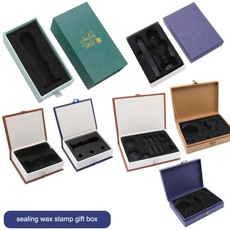 boîtes cadeaux cachets cire bleu vert marron classiques fermoirs magnétiques doublure mousse noire