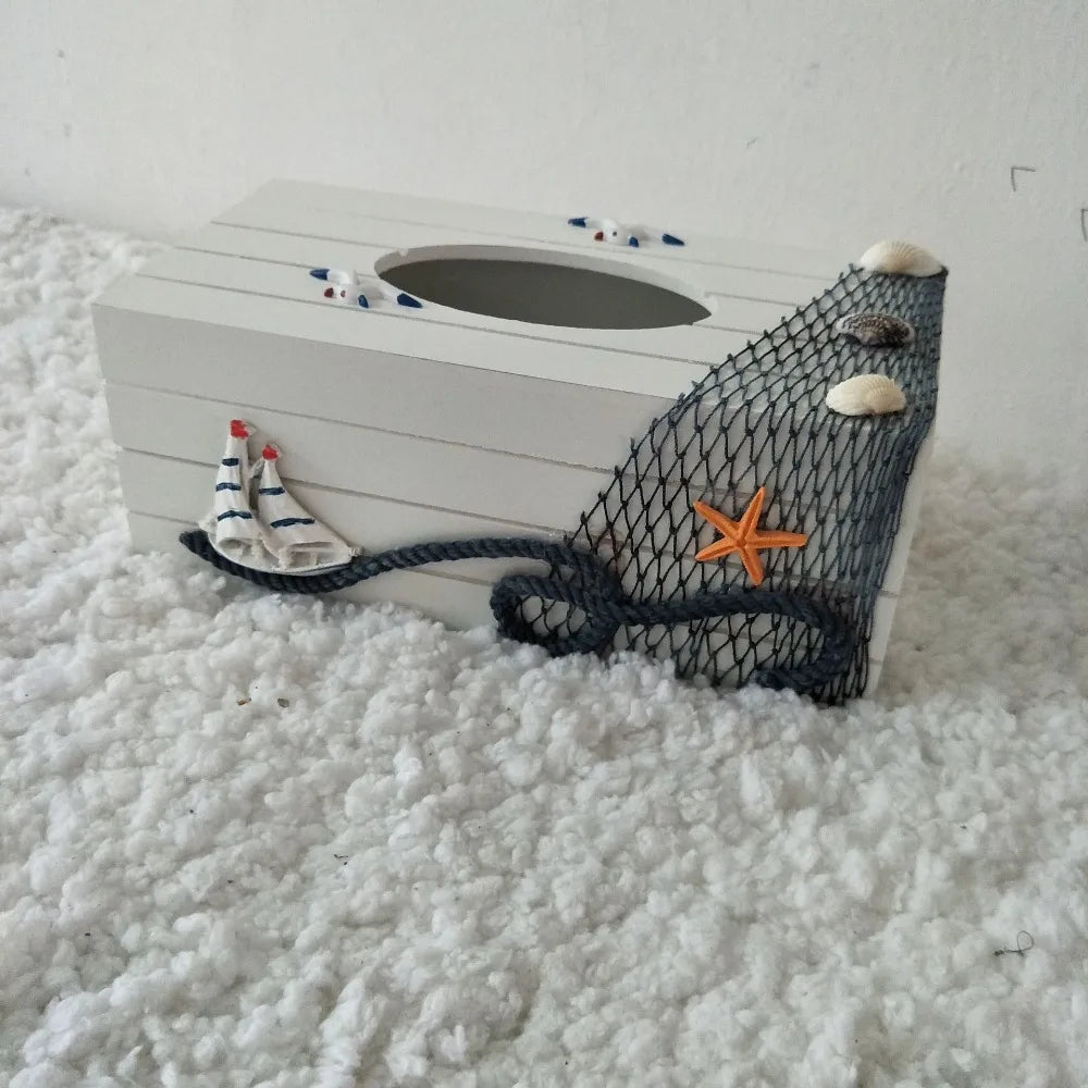 boîte mouchoirs thème marin blanc bleu marine orange coquillage filet pêche étoile mer roue