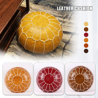 Pouf rond en cuir marocain fait main - vue d'ensemble