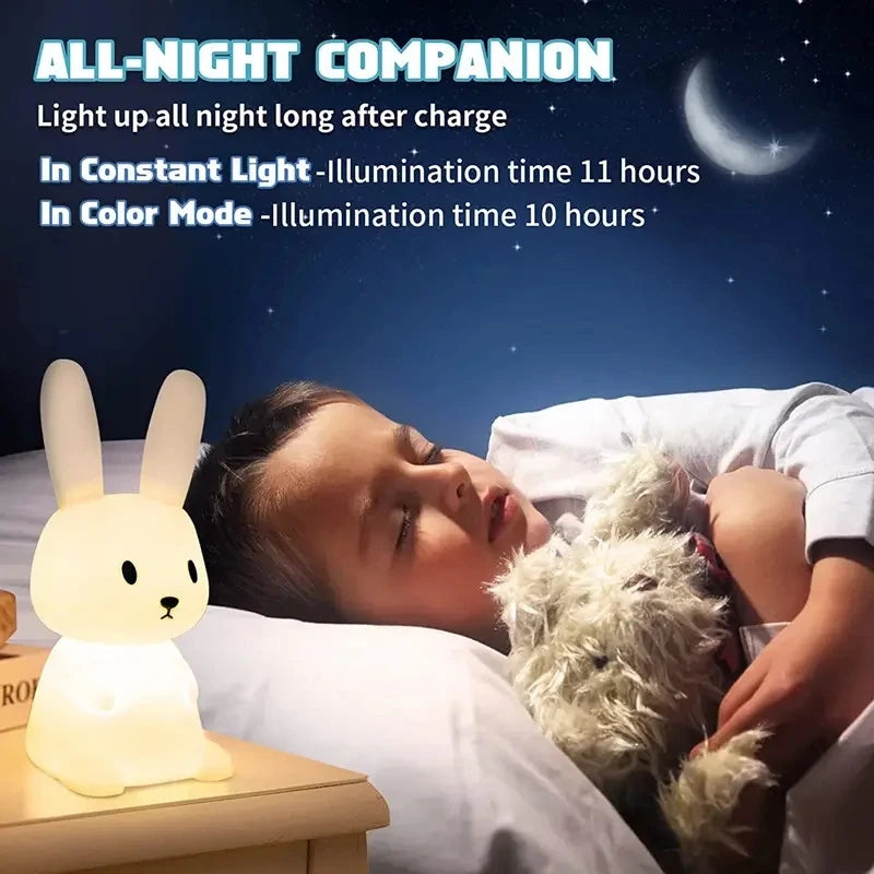 veilleuse nuit lapin blanc moderne enfant led silicone câble usb pression contrôle chambre décoration
