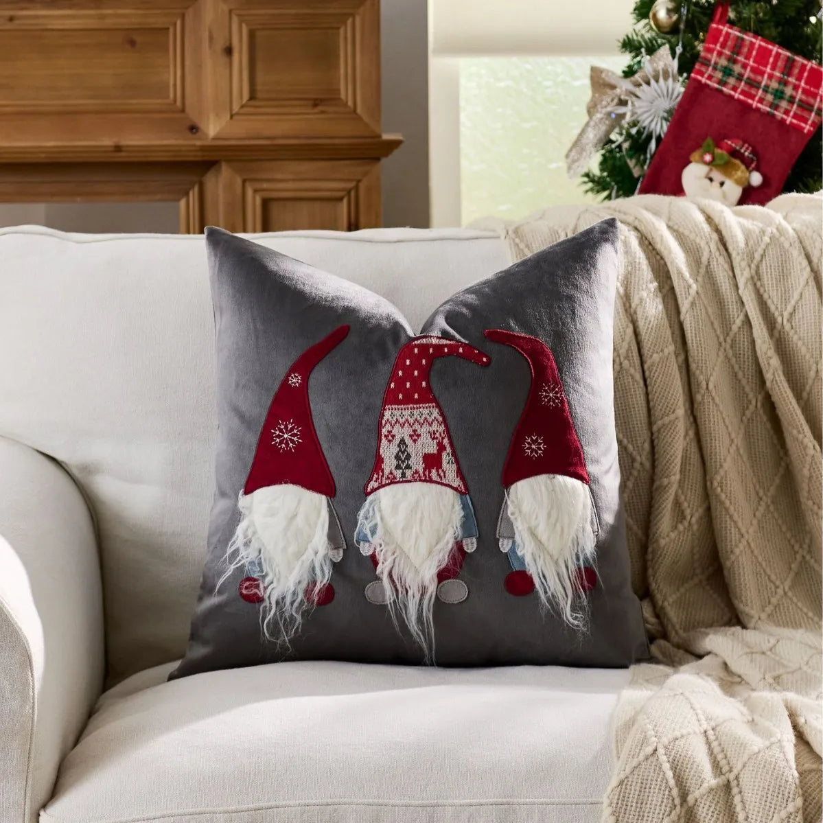 housse coussin brodée rennes noël traditionnelle décorative coton polyester gris beige vert bleu rouge