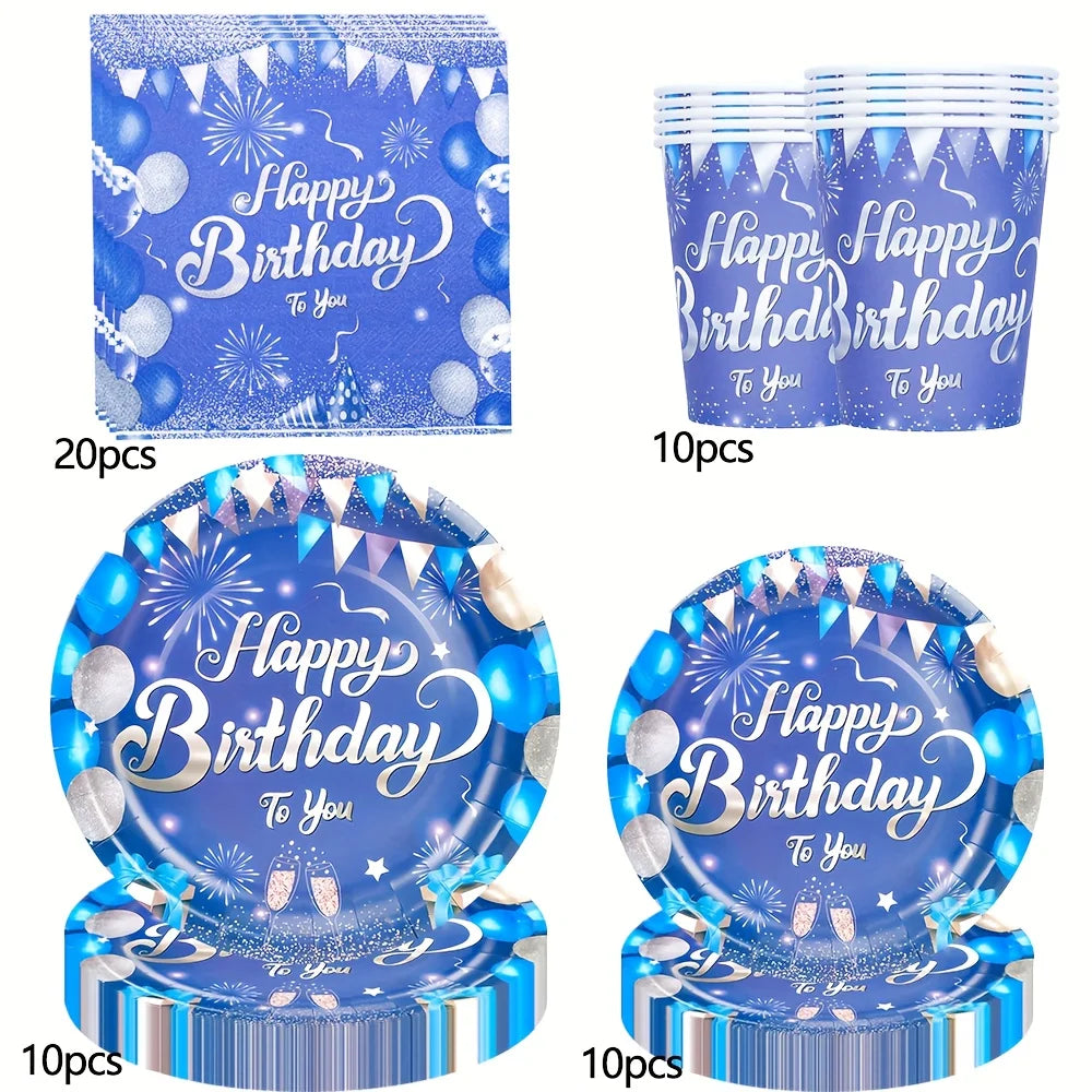 assiettes gobelets serviettes bleu argent happy birthday feux artifice anniversaire ballons étoiles guirlandes jetables