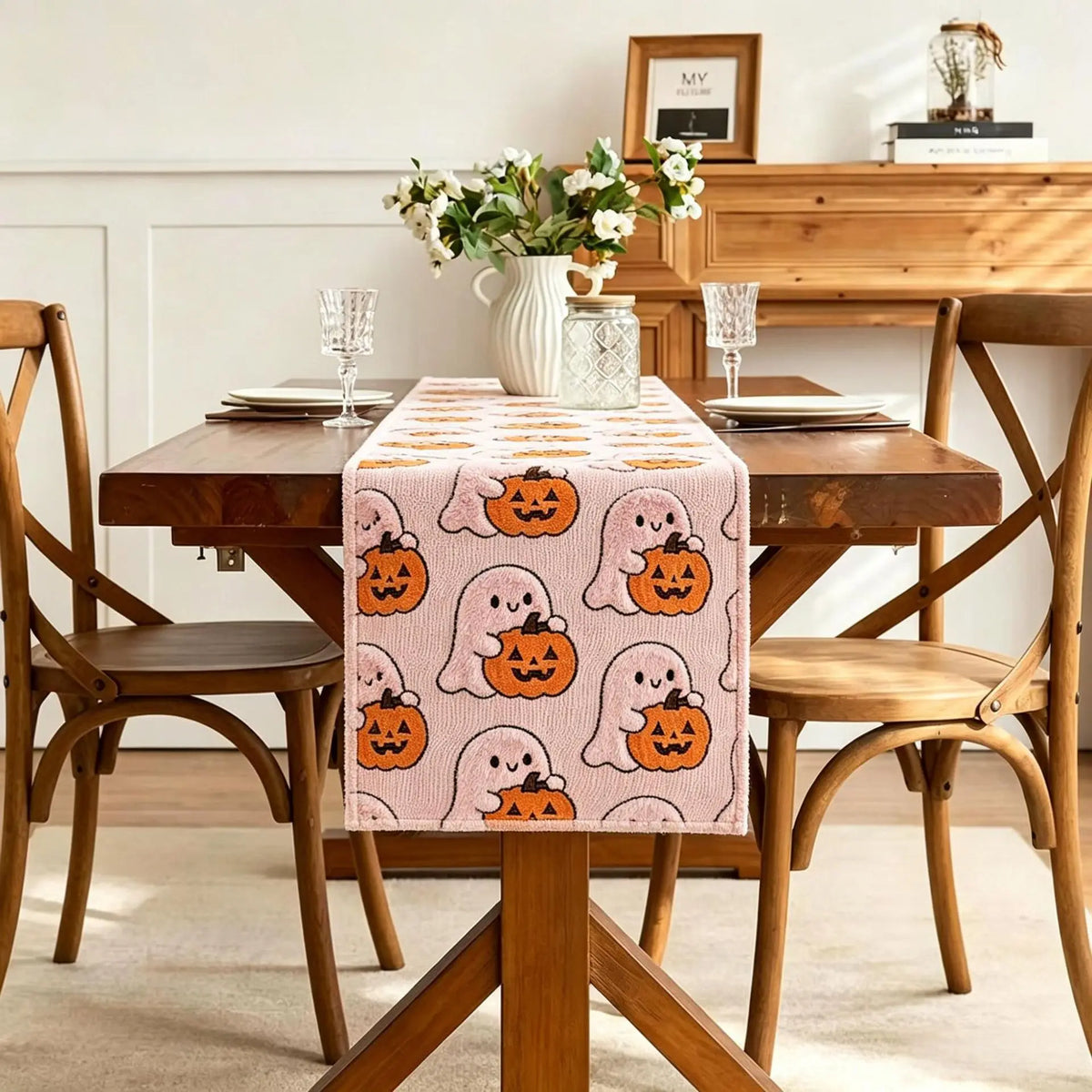 tableau halloween citrouilles fantômes orange blanc rose polyester restaurant fêtes salon automne