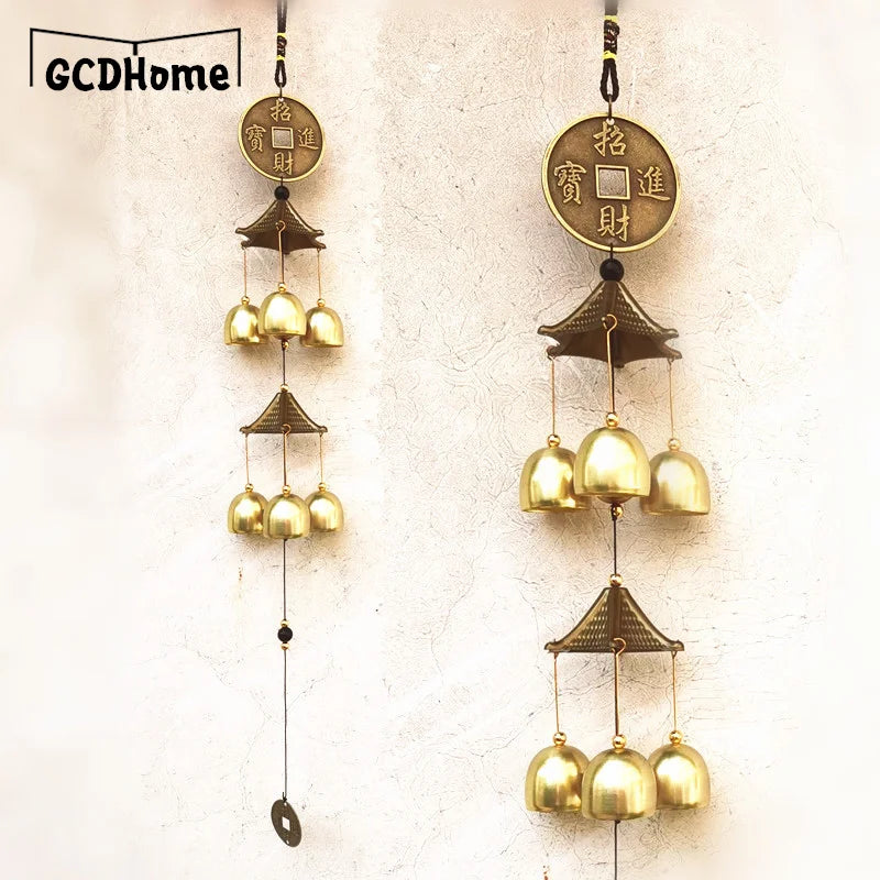 cloche décorative dorée motifs chinois feng shui suspension chaîne art traditionnel jardin intérieur