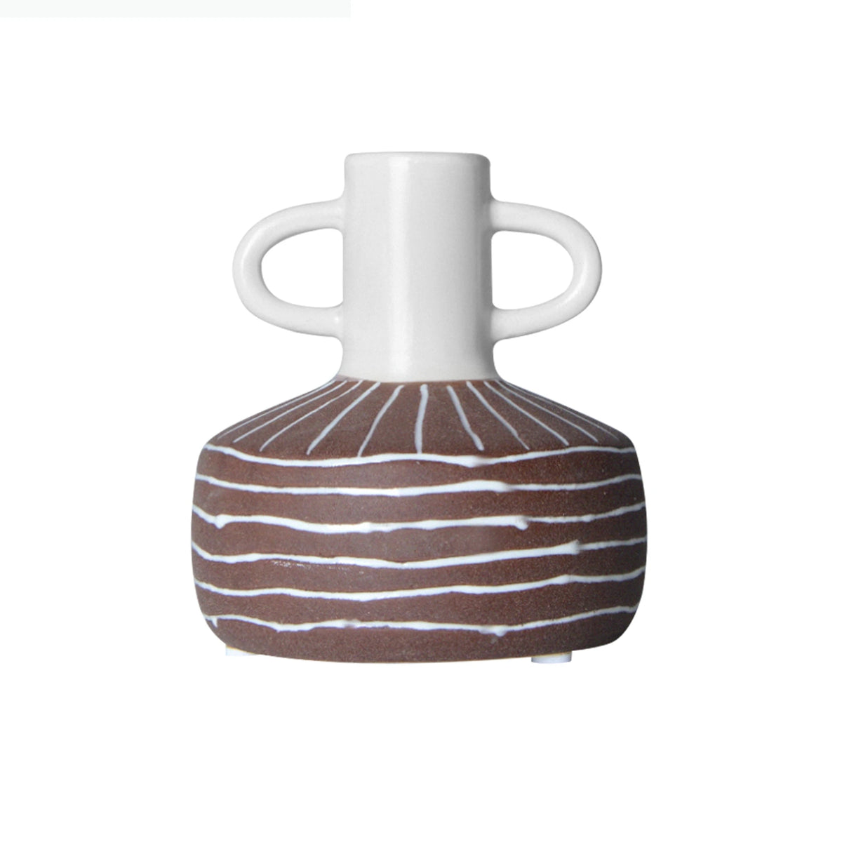 vase céramique moderne brun rougeâtre lignes blanches texture rugueuse minimaliste