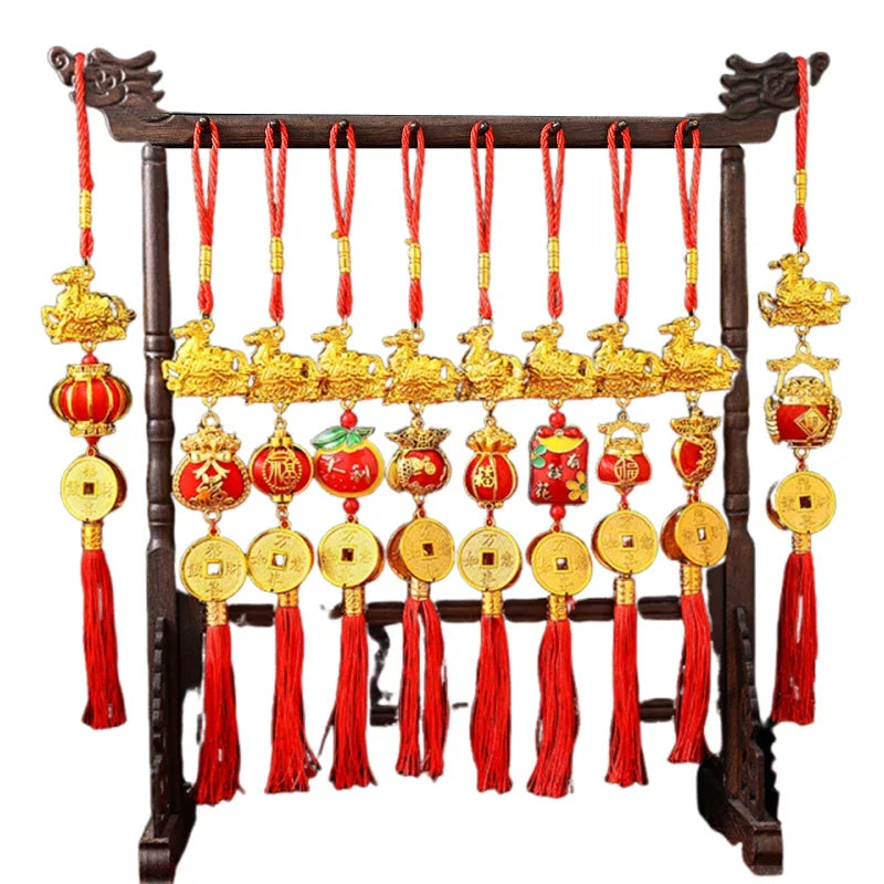 décoration murale traditionnelle chinoise motifs floraux or rouge blanc pièces d'or rubans pompons caractères